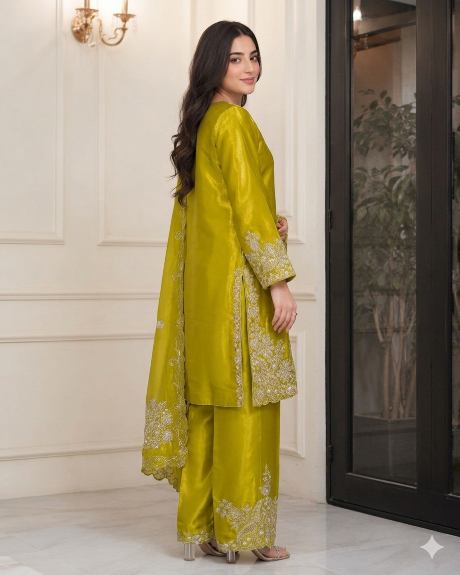 Olive Green Embroidered Suit Set with Dupatta for Women