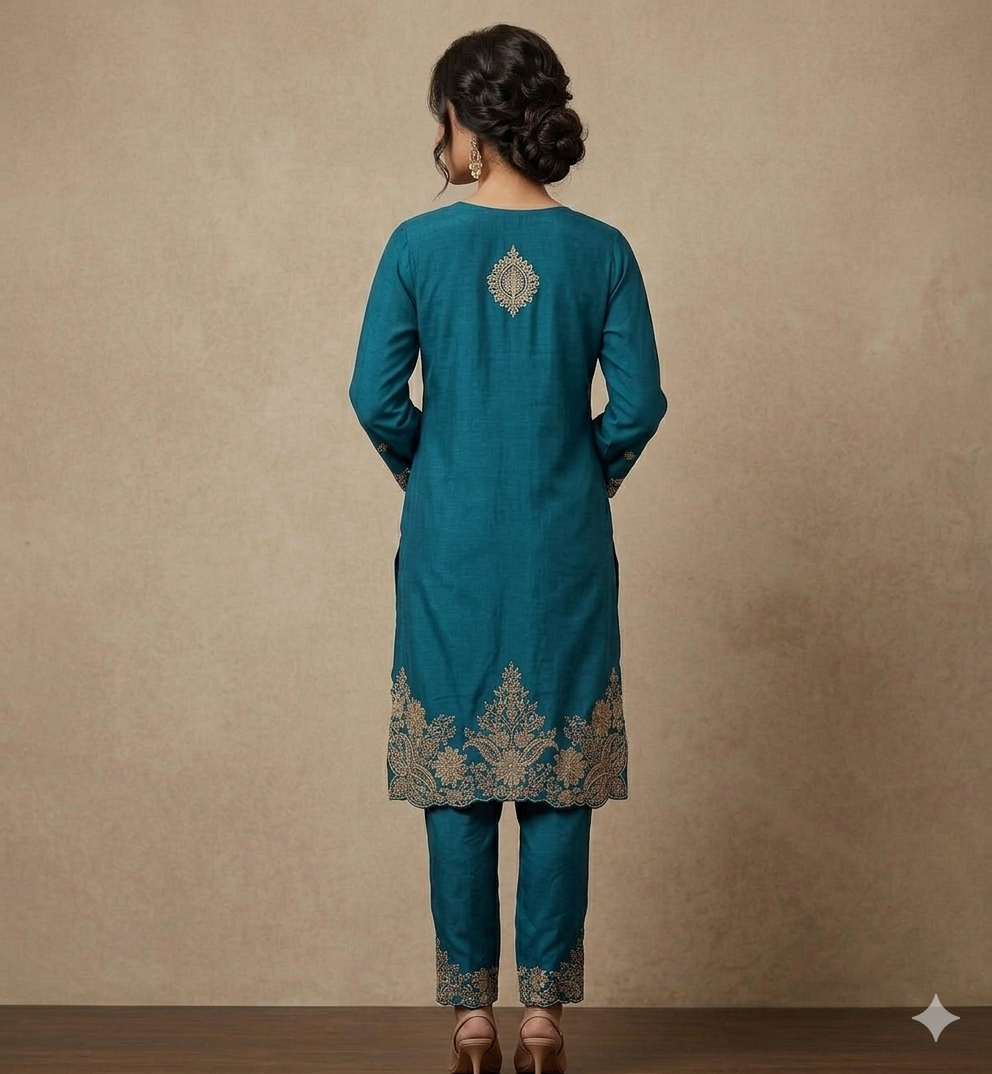 Teal Embroidered Kurta Pant Set for Women