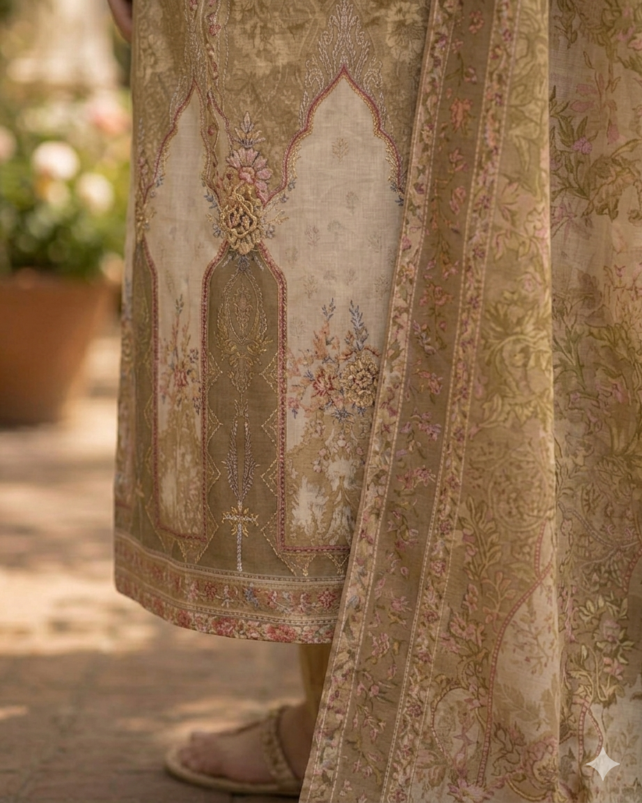 Beige Floral Printed Cotton Suit Set with Dupatta for Women