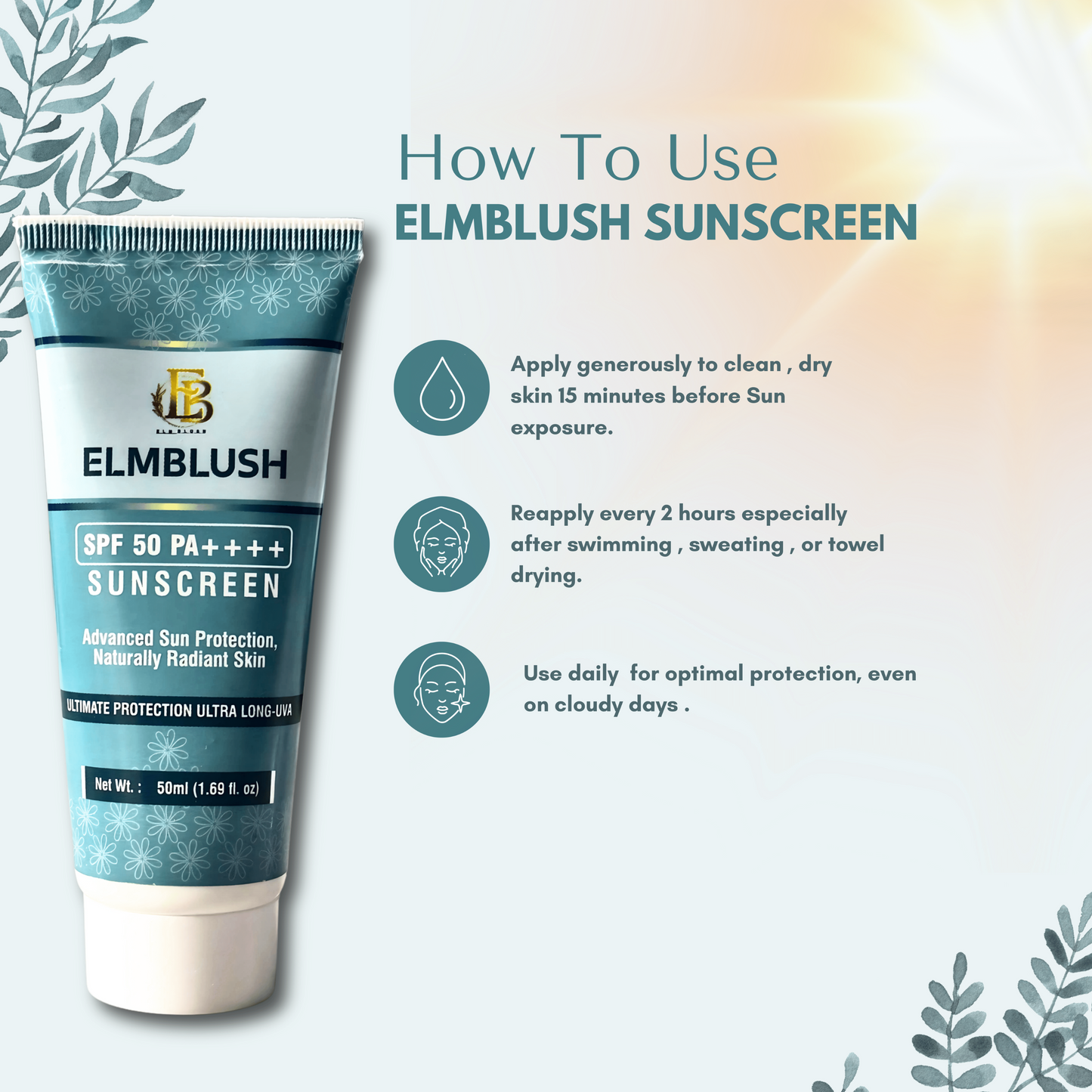 ELMBLUSH SPF 50 Sunscreen | Broad Spectrum SPF 50, PA++++ | 50ml
