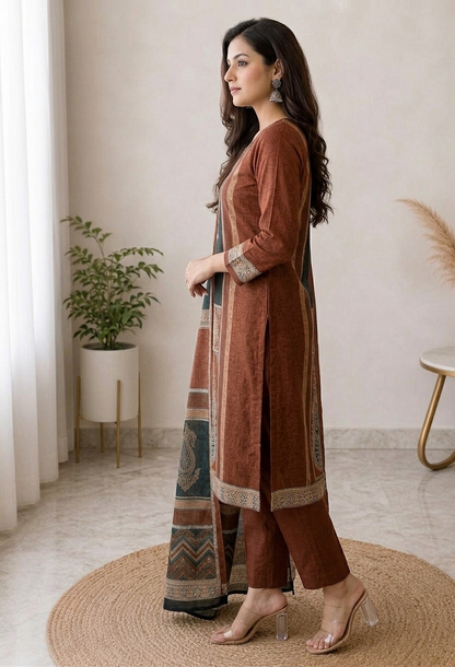 Elegant Rust Brown Cotton Suit Set with Printed Dupatta for Women