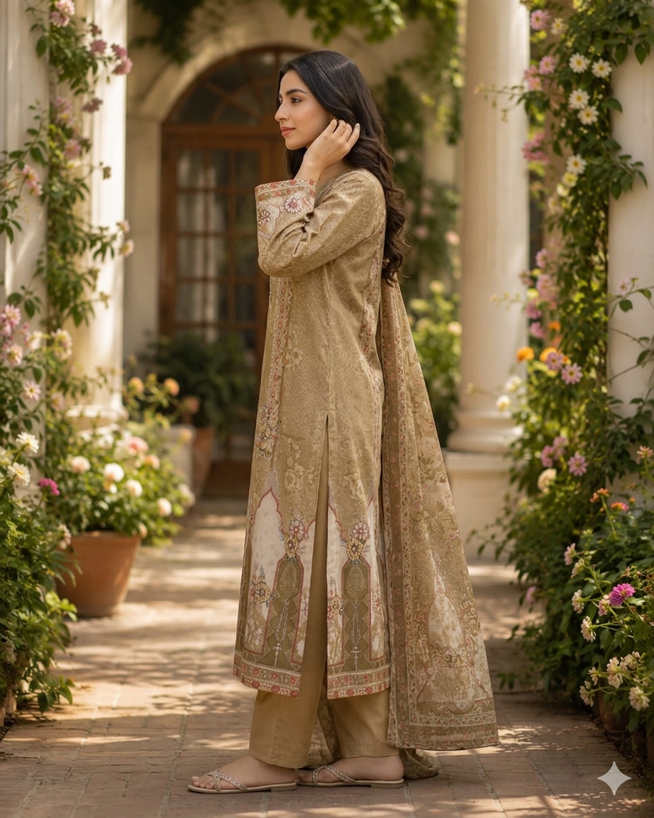 Beige Floral Printed Cotton Suit Set with Dupatta for Women