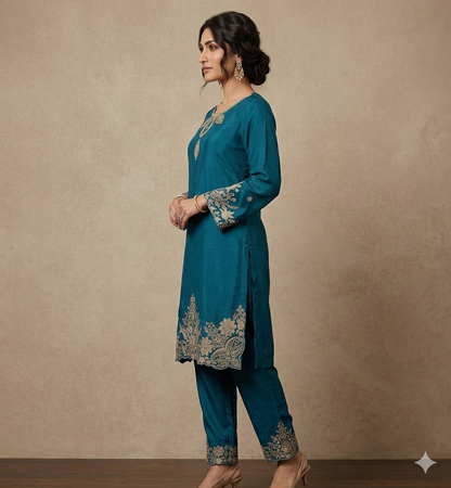 Teal Embroidered Kurta Pant Set for Women