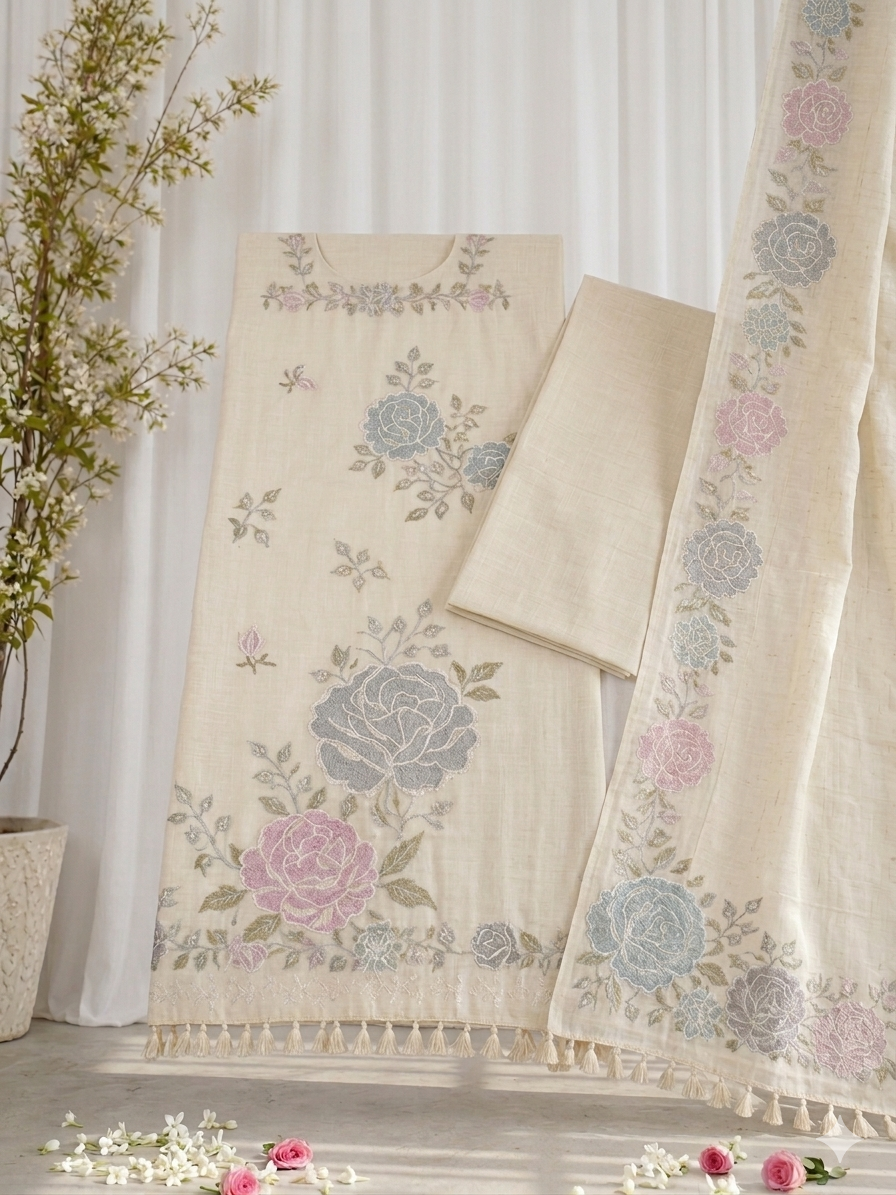 Ivory Floral Printed Mul Cotton Unstitched Suit Set with Dupatta