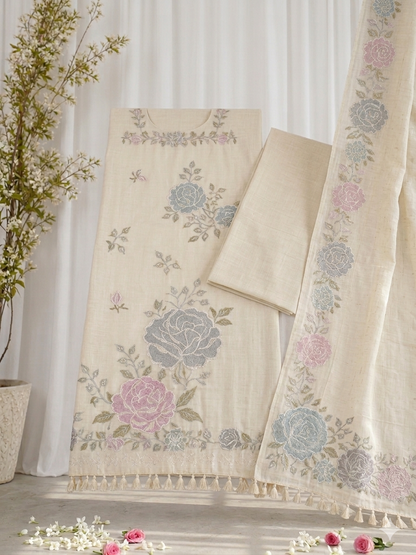 Ivory Floral Printed Mul Cotton Unstitched Suit Set with Dupatta