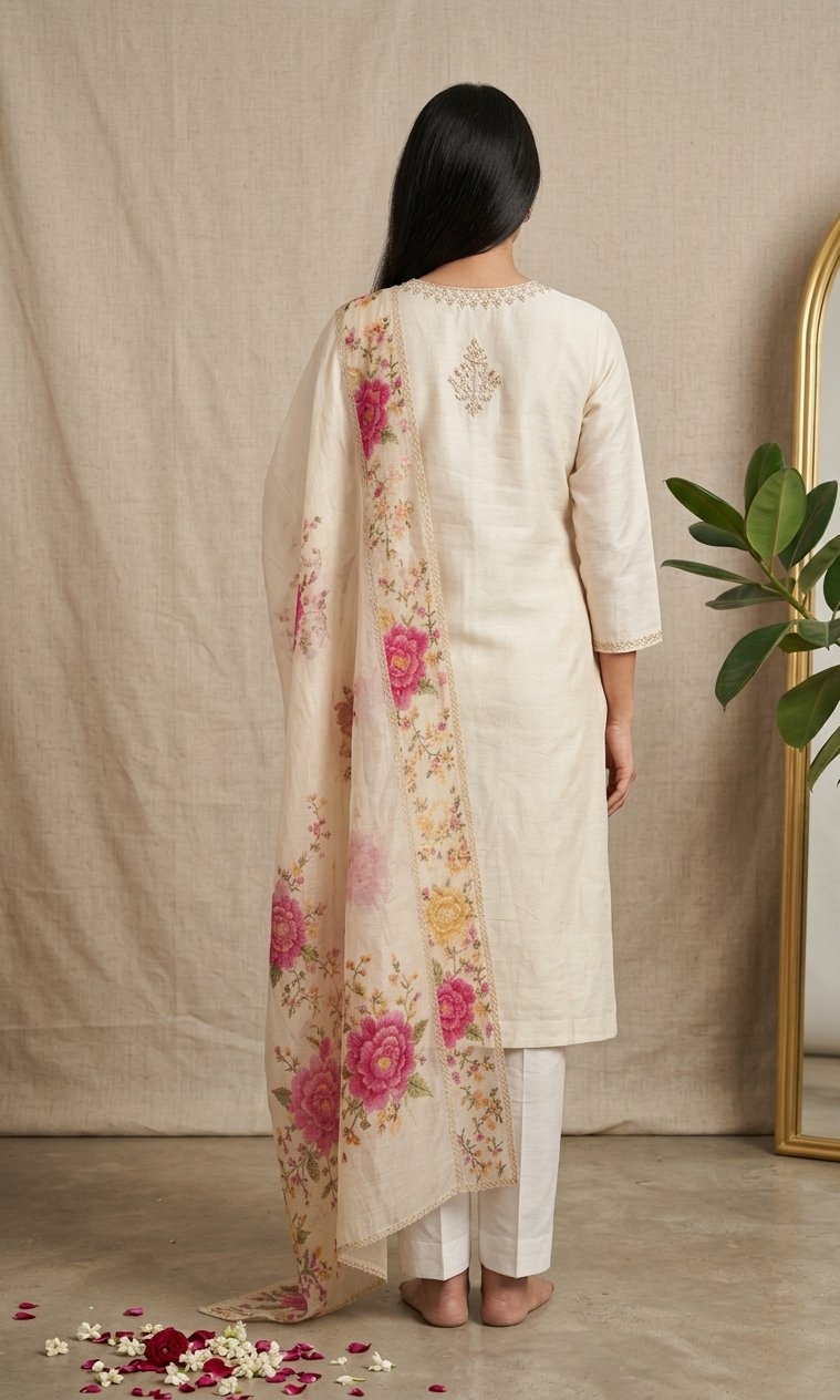 Cream Floral Printed Cotton Straight Suit with Dupatta