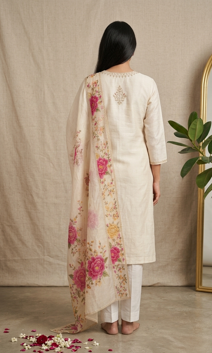 Cream Floral Printed Cotton Straight Suit with Dupatta