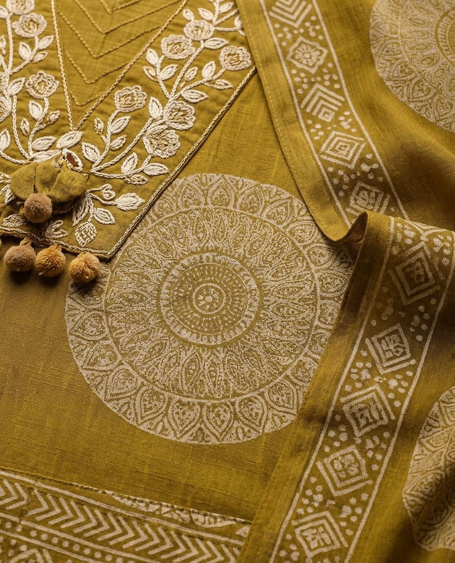 Mustard Printed Cotton Suit Set with Dupatta for Women