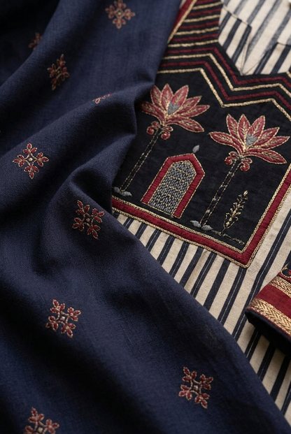 Navy Blue Striped Cotton Suit Set with Dupatta for Women