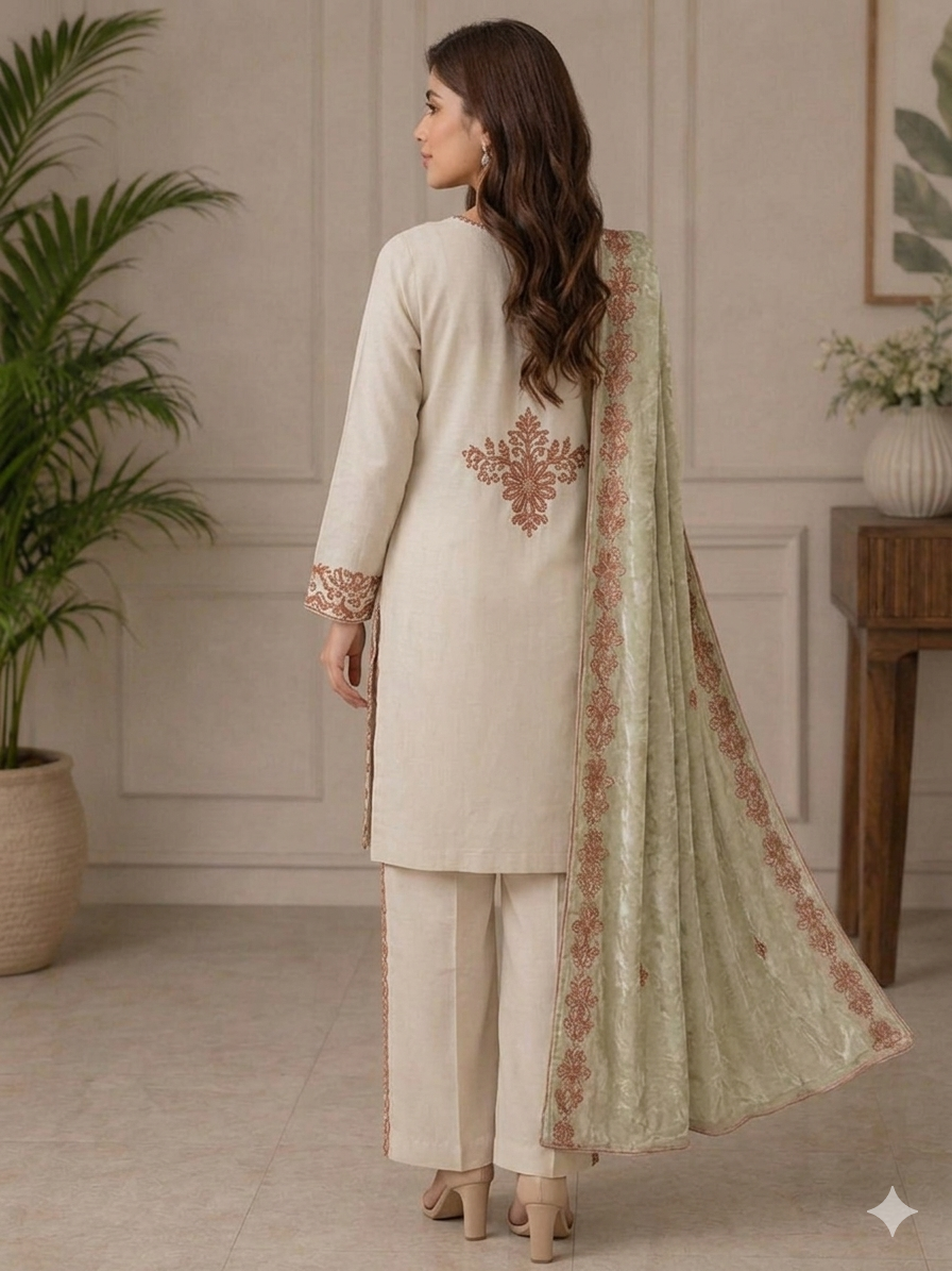 Cream Embroidered Suit Set with Dupatta for Women
