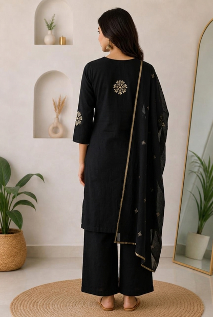 Black Printed Cotton Kurta Pant Set for Women