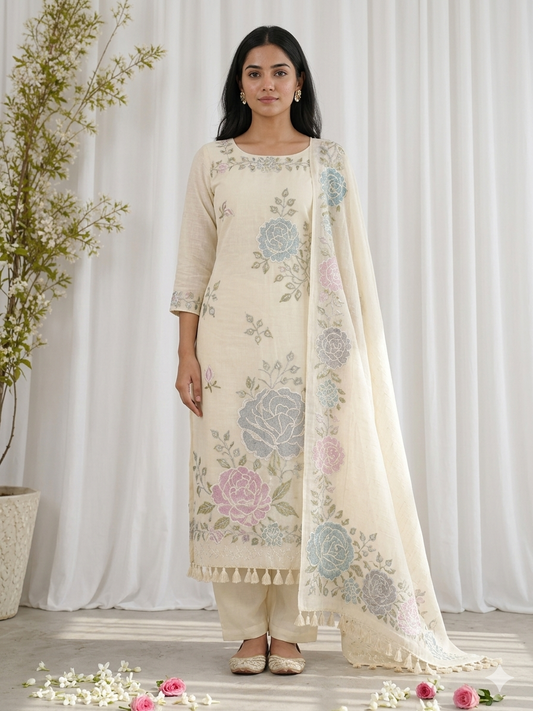 Ivory Floral Printed Mul Cotton Unstitched Suit Set with Dupatta