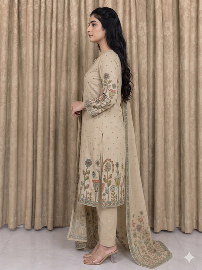 Beige Floral Printed Cotton Suit Set with Dupatta