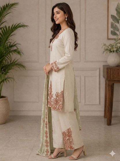 Cream Embroidered Suit Set with Dupatta for Women