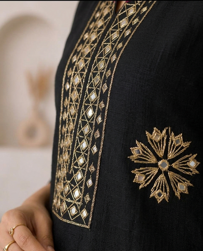 Black Printed Cotton Kurta Pant Set for Women