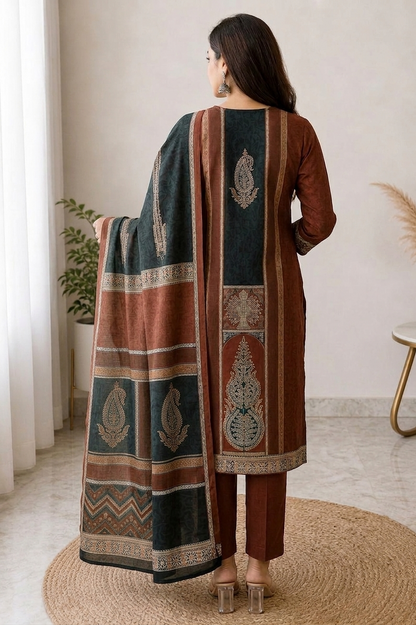 Elegant Rust Brown Cotton Suit Set with Printed Dupatta for Women