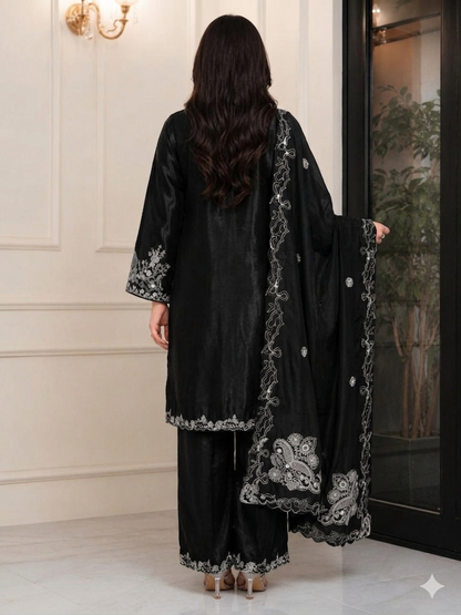 Black Embroidered Suit Set with Dupatta for Women