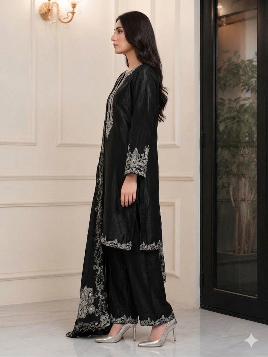 Black Embroidered Suit Set with Dupatta for Women