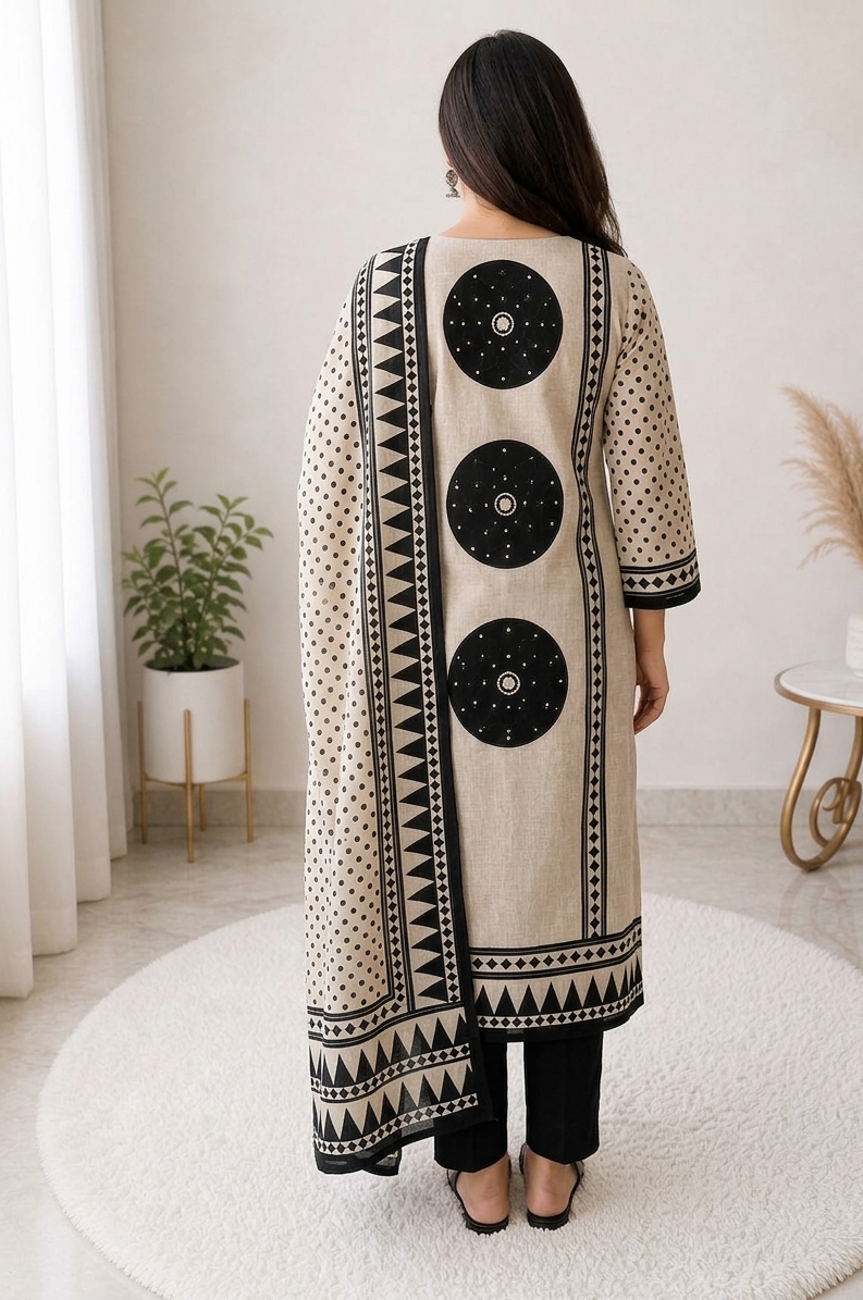 Beige & Black Printed Cotton Suit Set with Dupatta for Women