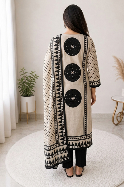 Beige & Black Printed Cotton Suit Set with Dupatta for Women