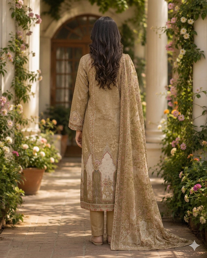 Beige Floral Printed Cotton Suit Set with Dupatta for Women