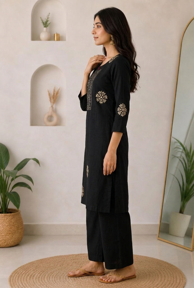 Black Printed Cotton Kurta Pant Set for Women