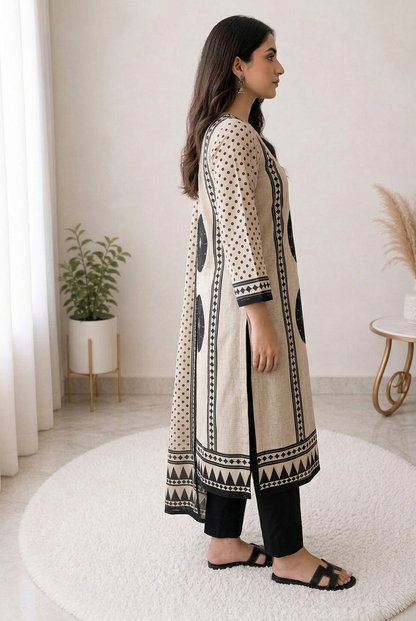 Beige & Black Printed Cotton Suit Set with Dupatta for Women