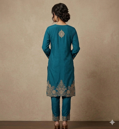 Teal Embroidered Kurta Pant Set for Women