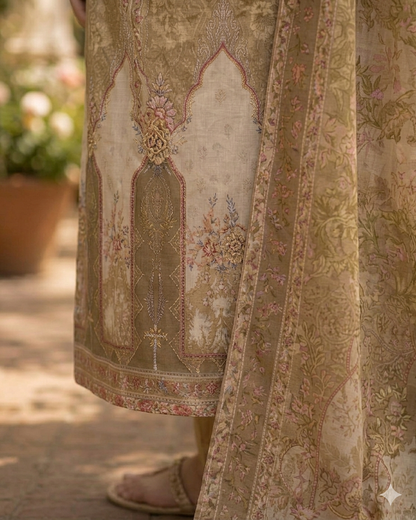 Beige Floral Printed Cotton Suit Set with Dupatta for Women