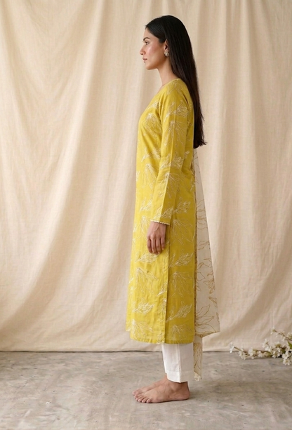Yellow Floral Printed Cotton  Unstitched Suit Set with Dupatta