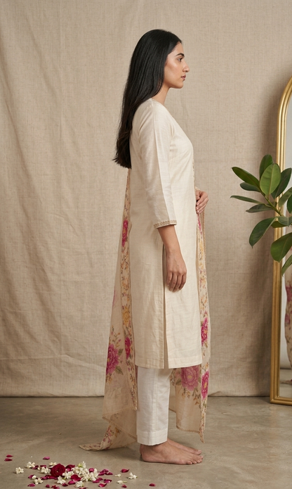 Cream Floral Printed Cotton Straight Suit with Dupatta