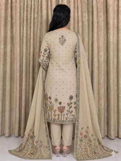 Beige Floral Printed Cotton Suit Set with Dupatta