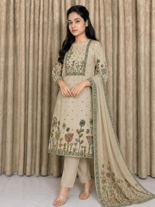 Beige Floral Printed Cotton Suit Set with Dupatta