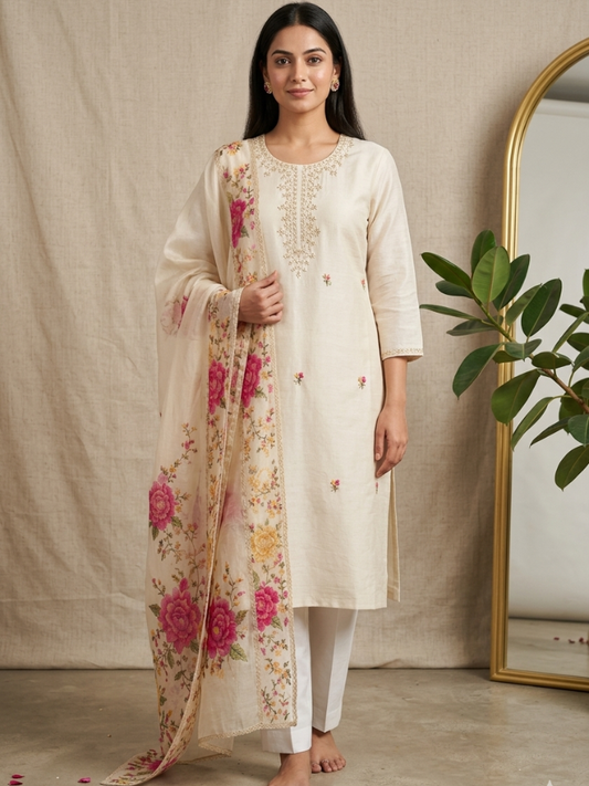 Cream Floral Printed Cotton Straight Suit with Dupatta