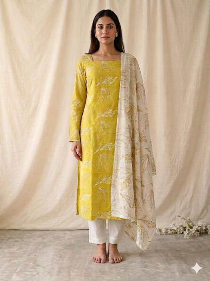 Yellow Floral Printed Cotton  Unstitched Suit Set with Dupatta