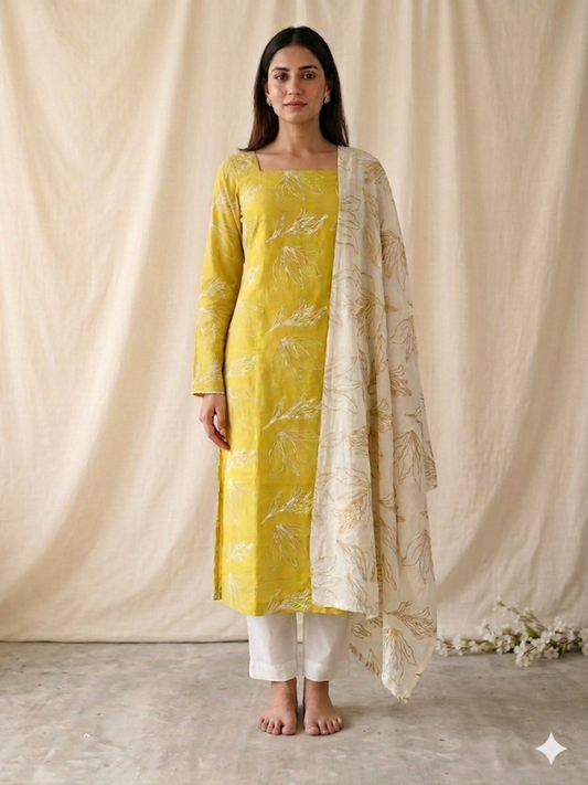 Yellow Floral Printed Cotton  Unstitched Suit Set with Dupatta