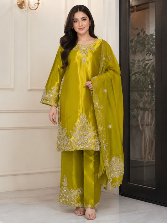 Olive Green Embroidered Suit Set with Dupatta for Women