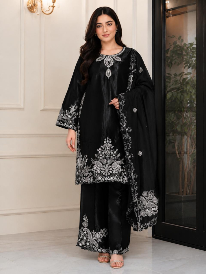 Black Embroidered Suit Set with Dupatta for Women