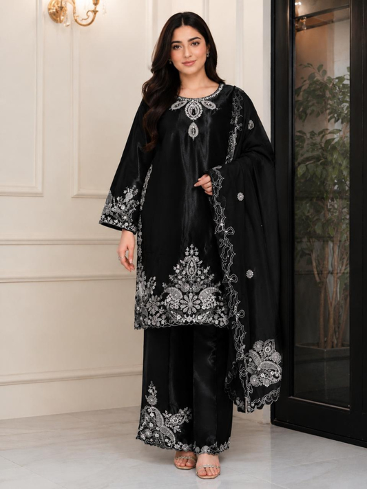 Black Embroidered Suit Set with Dupatta for Women
