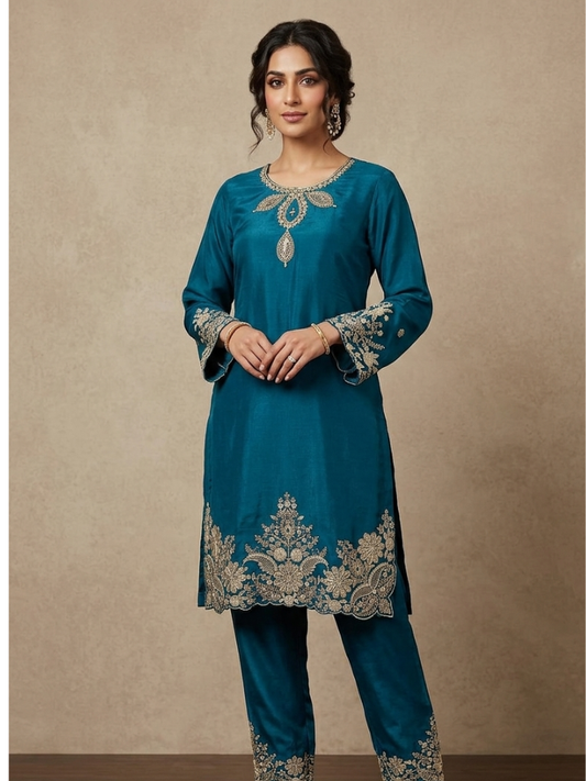 Teal Embroidered Kurta Pant Set for Women