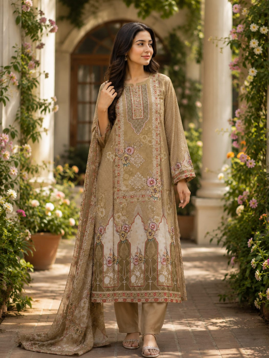 Beige Floral Printed Cotton Suit Set with Dupatta for Women