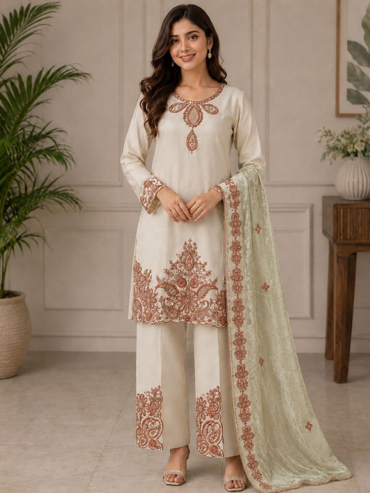 Cream Embroidered Suit Set with Dupatta for Women