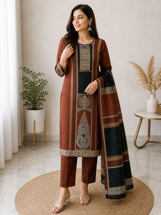 Elegant Rust Brown Cotton Suit Set with Printed Dupatta for Women