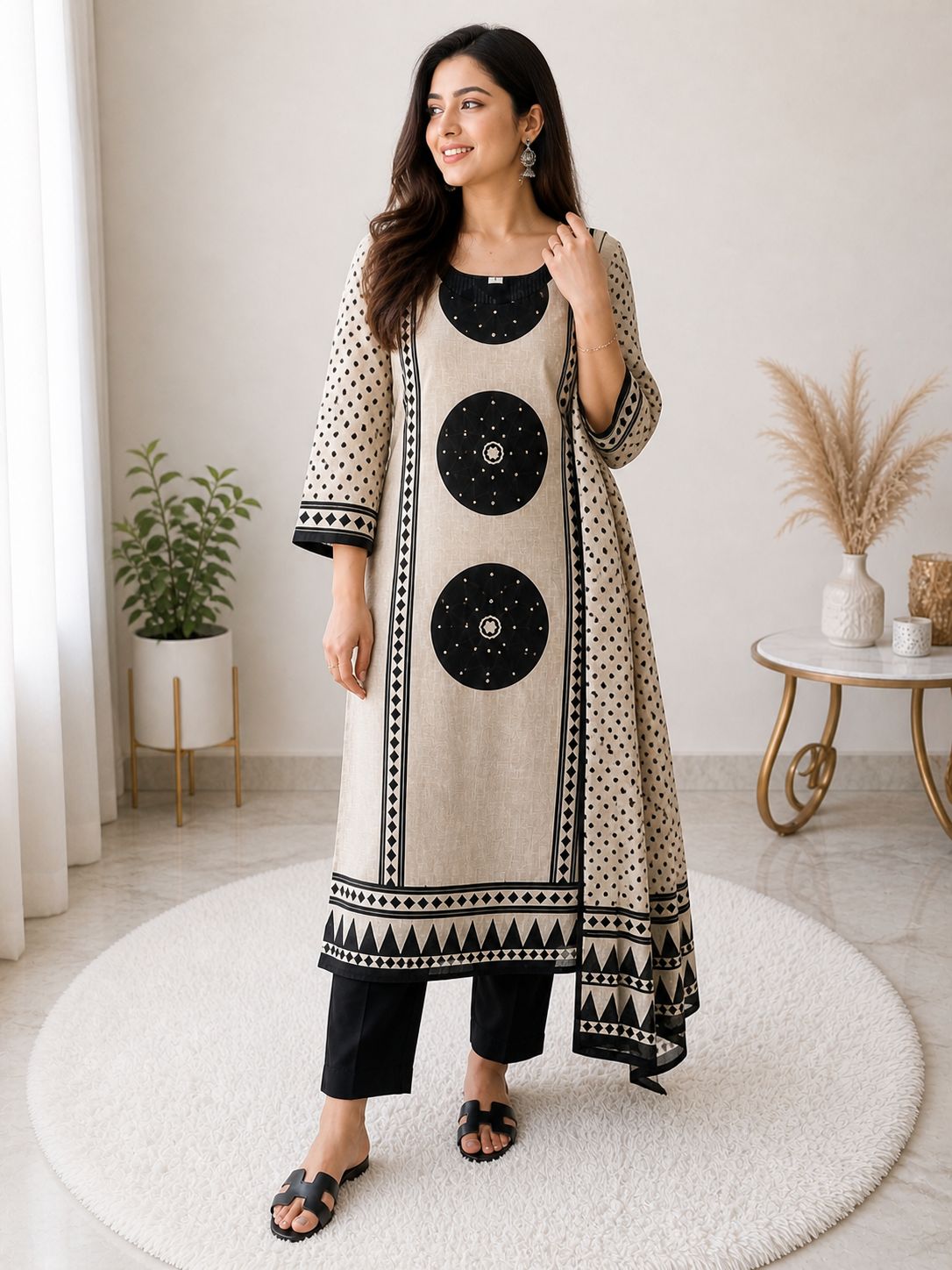 Beige & Black Printed Cotton Suit Set with Dupatta for Women