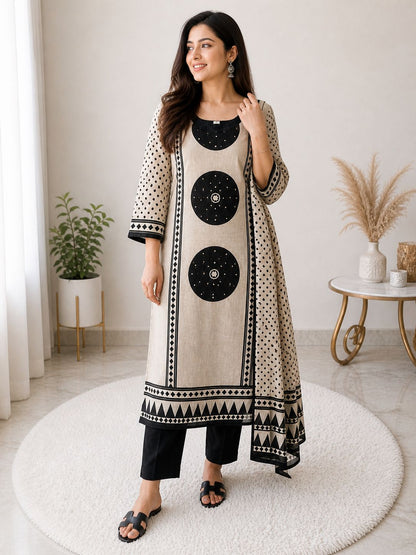 Beige & Black Printed Cotton Suit Set with Dupatta for Women