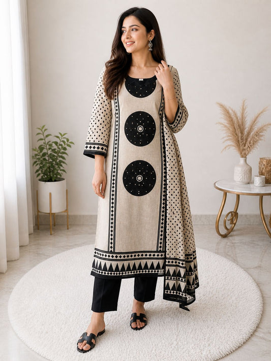 Beige & Black Printed Cotton Suit Set with Dupatta for Women