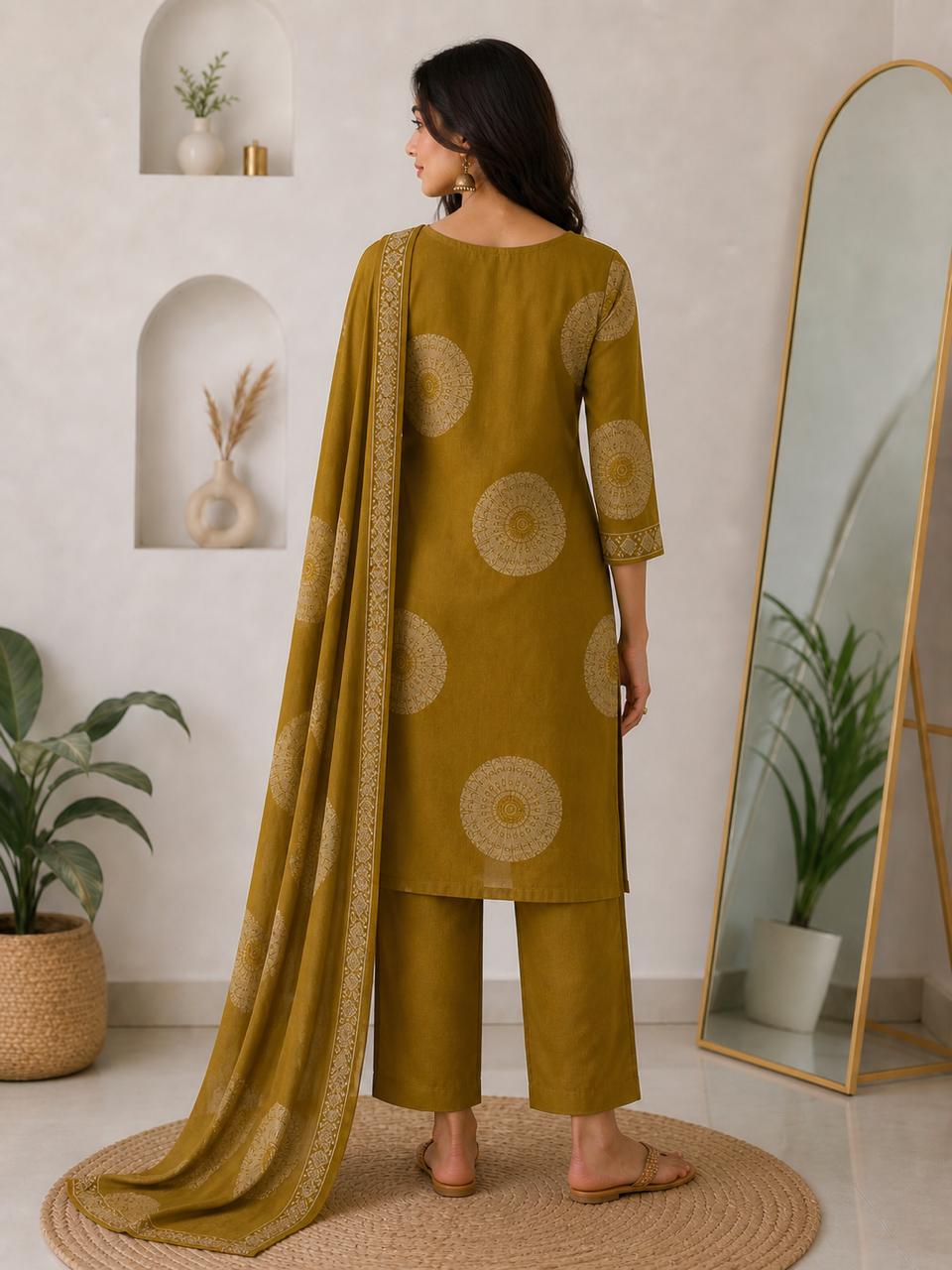 Mustard Printed Cotton Suit Set with Dupatta for Women