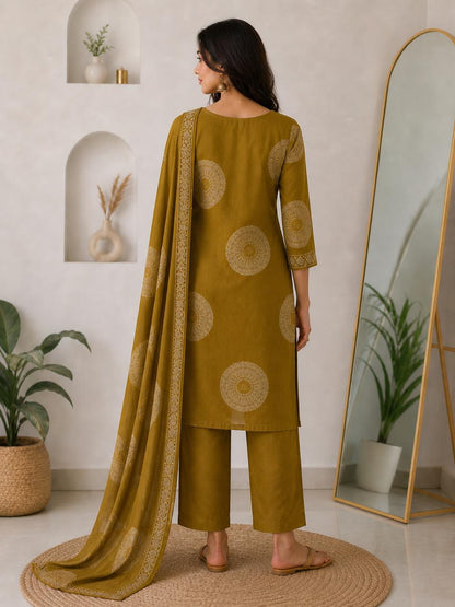 Mustard Printed Cotton Suit Set with Dupatta for Women