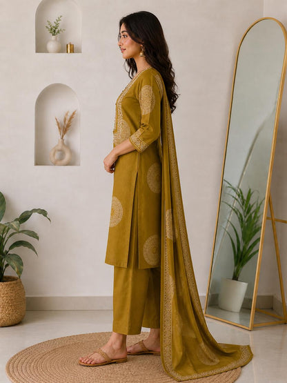 Mustard Printed Cotton Suit Set with Dupatta for Women