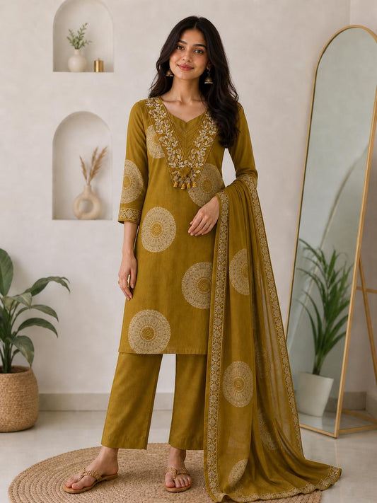 Mustard Printed Cotton Suit Set with Dupatta for Women